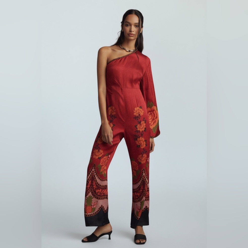 FARM Rio One-Shoulder Red Jumpsuit with Floral Design